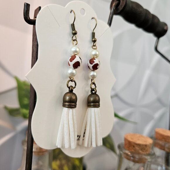 Western Lightweight Cow Print, White leather Beaded Dangle Earrings - Picture 3 of 4